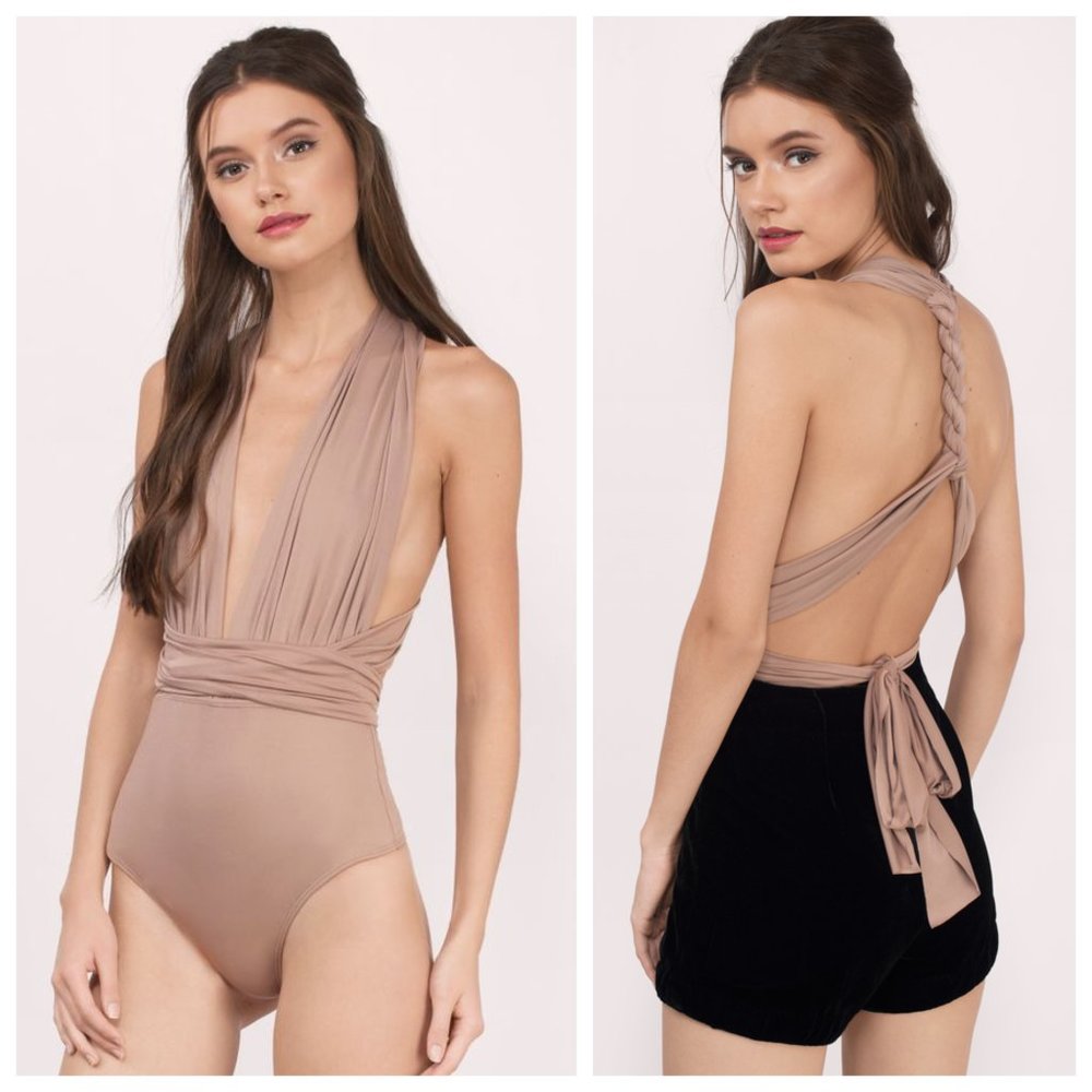 Tobi Taupe Plunge Braided Tie Back Bodysuit